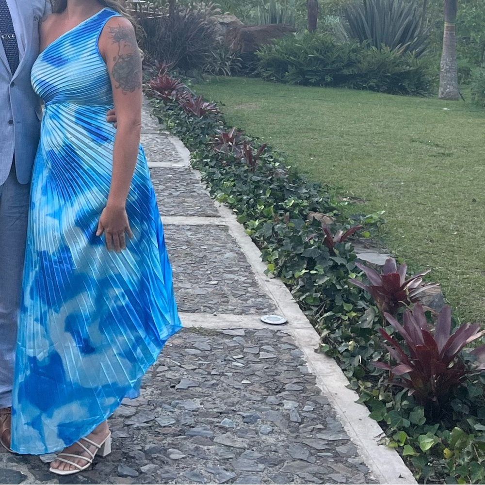 Blue one shoulder rouched dress